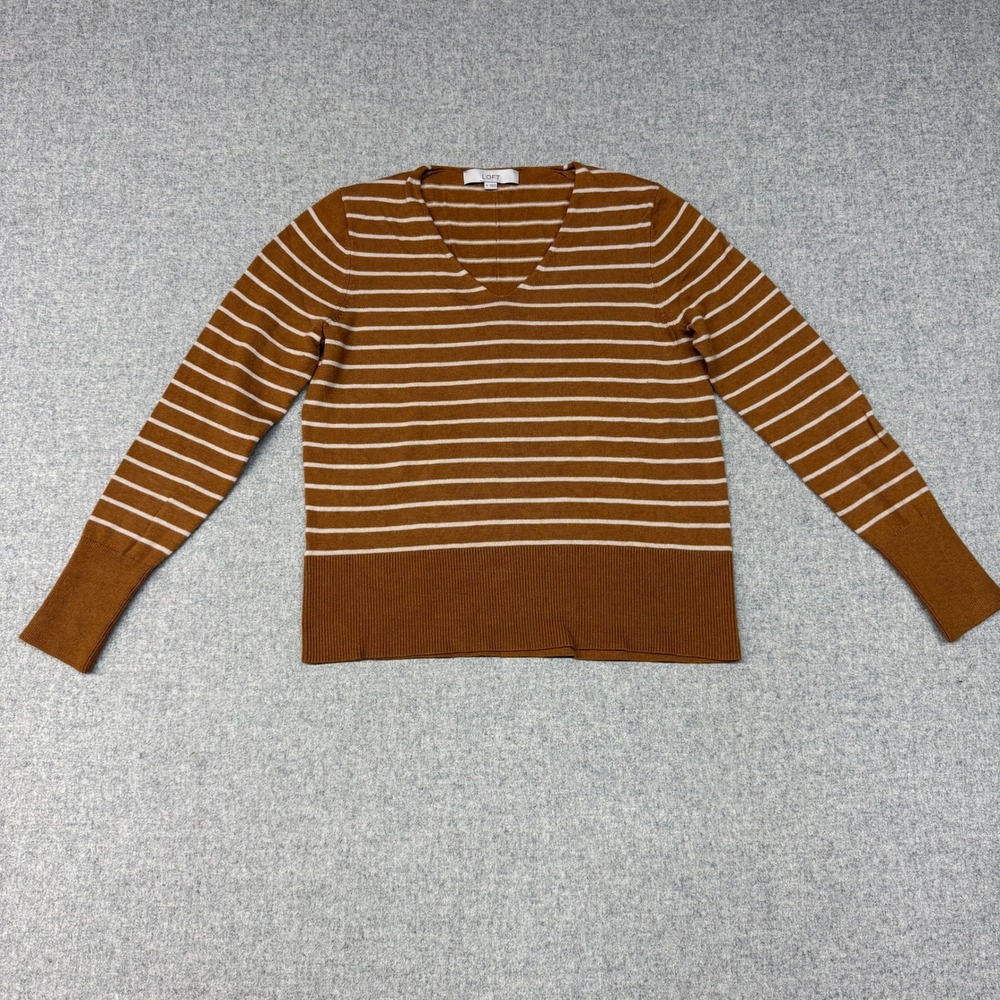 Loft | V-Neck Striped Sweater | M | Brown White | Long Sleeve Ribbed Knit Top